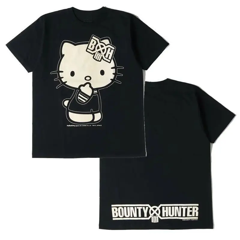 

Sanrio американская хлопковая футболка с короткими рукавами «Hello Kitty», модная милая черная летняя студенческая свободная повседневная универсальная футболка для девочек