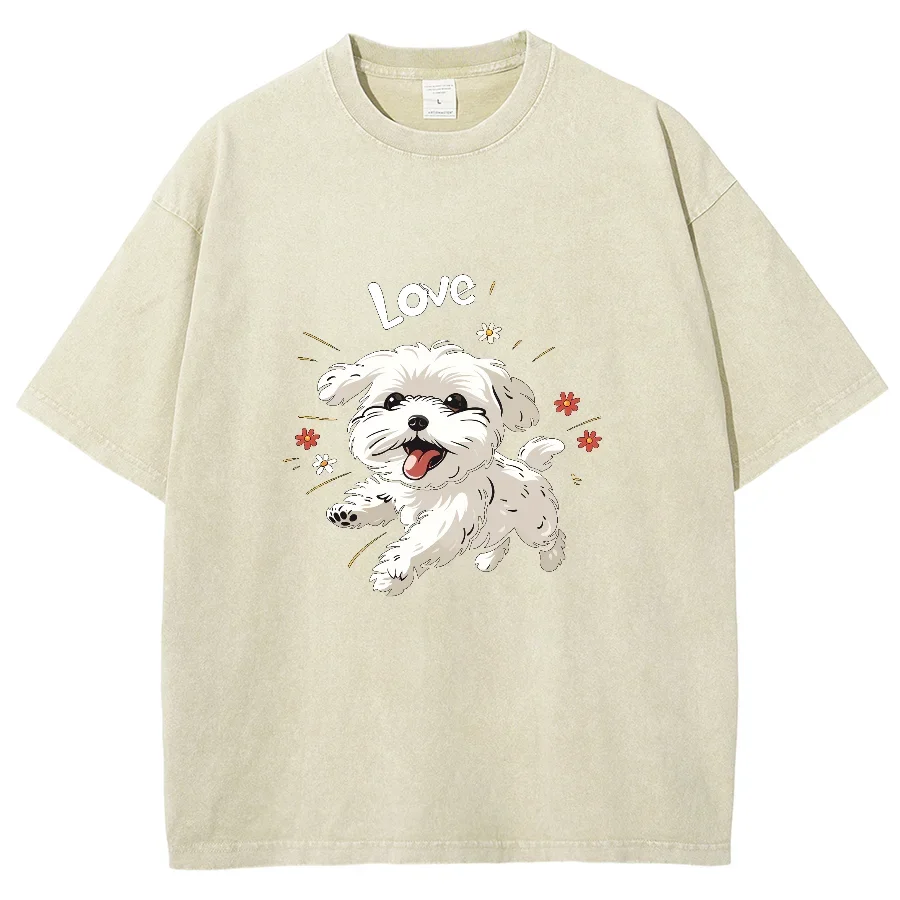 Hand Painted White Bichon Terrier Print Wash T-Shirt Oversized Crew Neck Cotton Half Sleeve Summer Cute Sweetheart Top Y2K