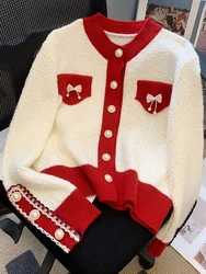 Jmprs New Bow Sweet Cardigan Sweaters Women Elegant Pearl Buttons Knitted Coats Fashion Korean Long Sleeve Female Patchwork Tops