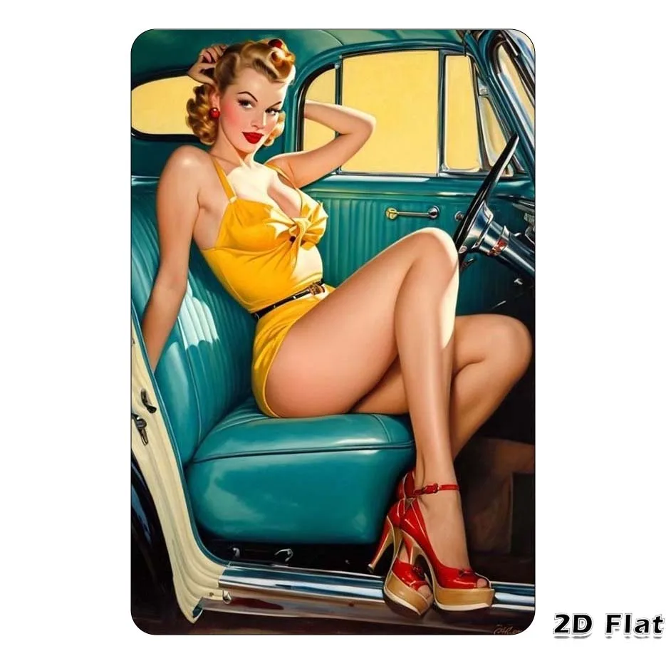 Vintage 2D Metal Tin Sign - Elegant Retro Pin-Up Girl in Yellow Dress Wall Art, Wonderful Gift for Room, Home, Bar, Garage 2026