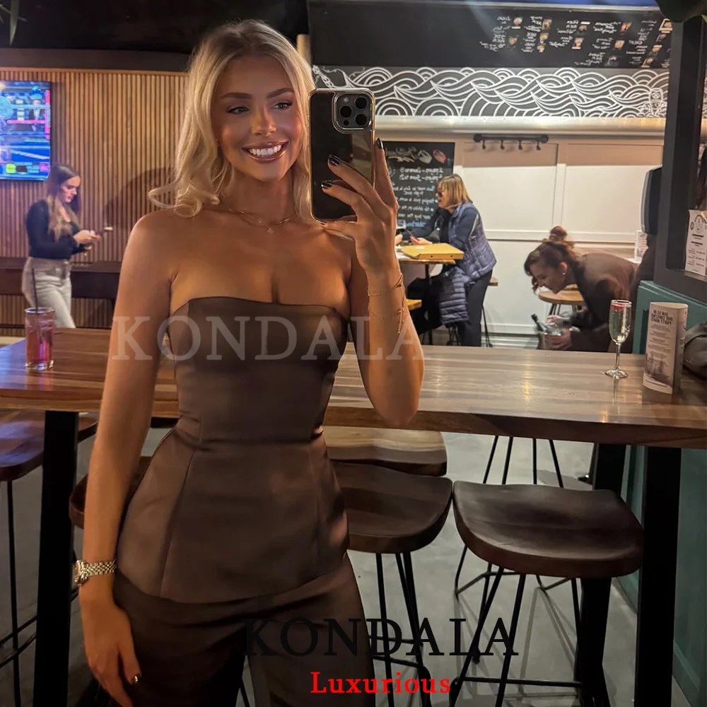 KONDALA خمر شيك براون الساتان النساء الدعاوى صديرية دائرية عارية الذراعين السترة السراويل المستقيمة موضة 2025 الخريف مكتب سيدة الدعاوى الحفلات #5