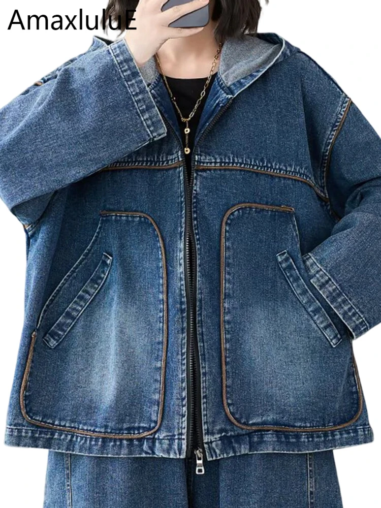 

Amax LuluE Vintage Fashion Hooded Denim Jackets Womens Spring Classic Casual Coats Females Loose Oversized Patchwork Outerwear