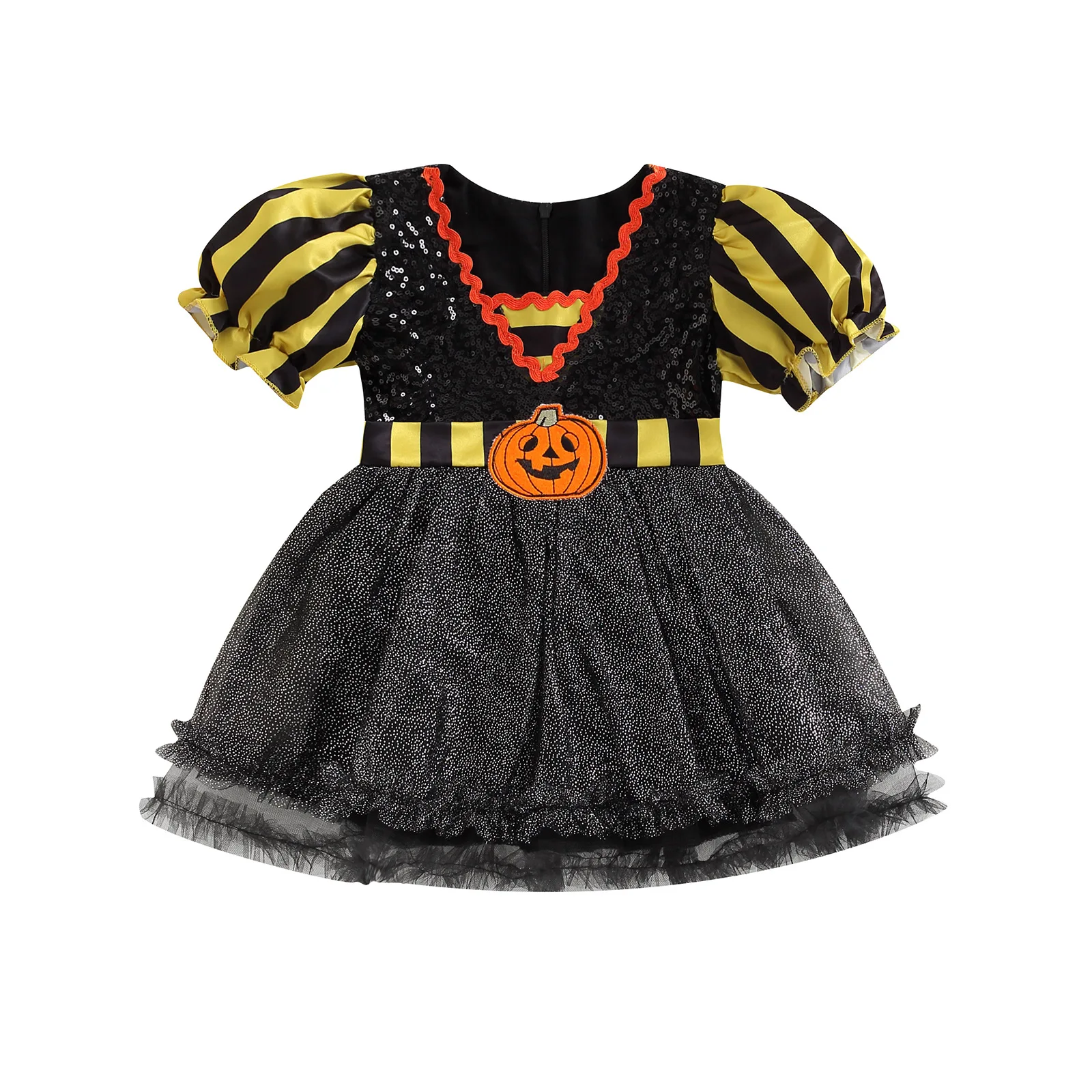 ชุดเดรสฟักทองตาข่ายสำหรับเด็กผู้หญิงชุดเดรสปาร์ตี้พิมพ์ลายแมวสีดำการ์ตูนสำหรับเด็กก่อนวัยเรียนเครื่องแต่งกายวันฮาโลวีนแขนพองสำหรับเด็ก