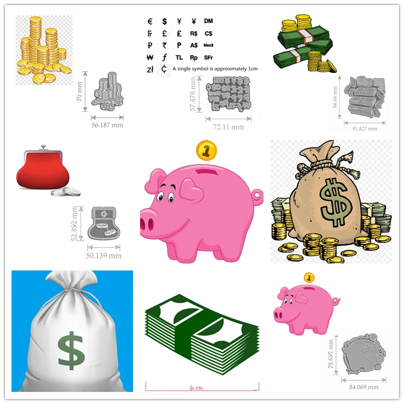 Gold coin Metal Cutting Dies wallet money currency dollar bills piggy wallet purse symbols Christmas Scrapbooking Card Craft