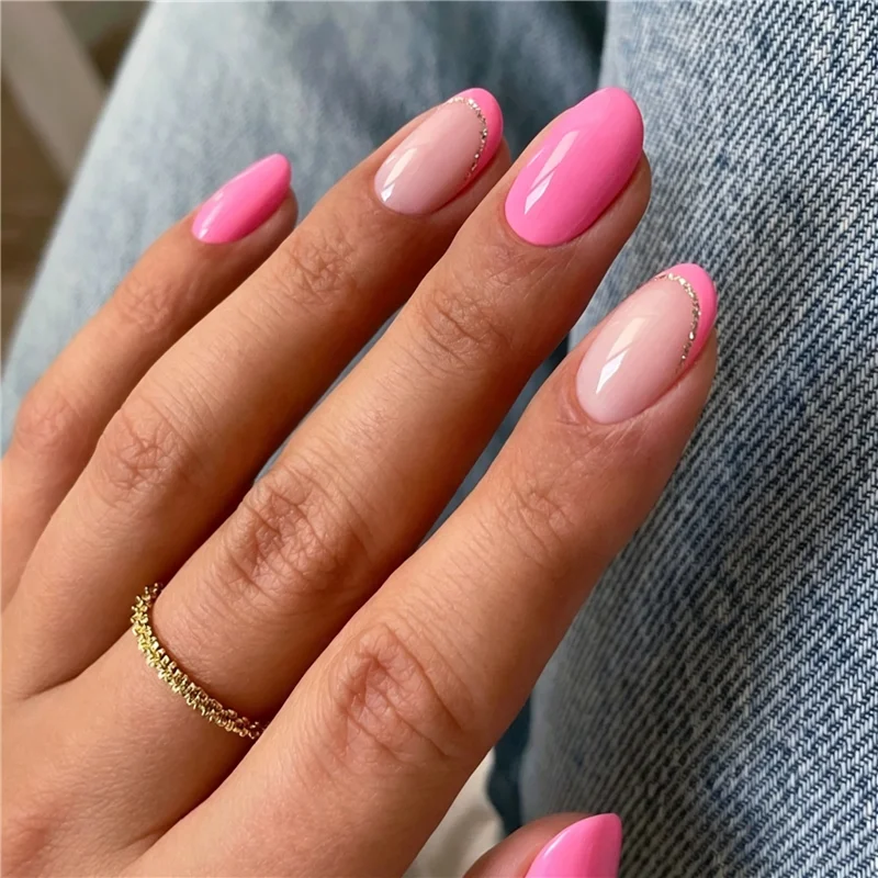 24 Pack Nude Glossy Coffin Press On Nails Nude Base Glossy Mint Green French Tip Almond False Nails Reusable Nails for Women