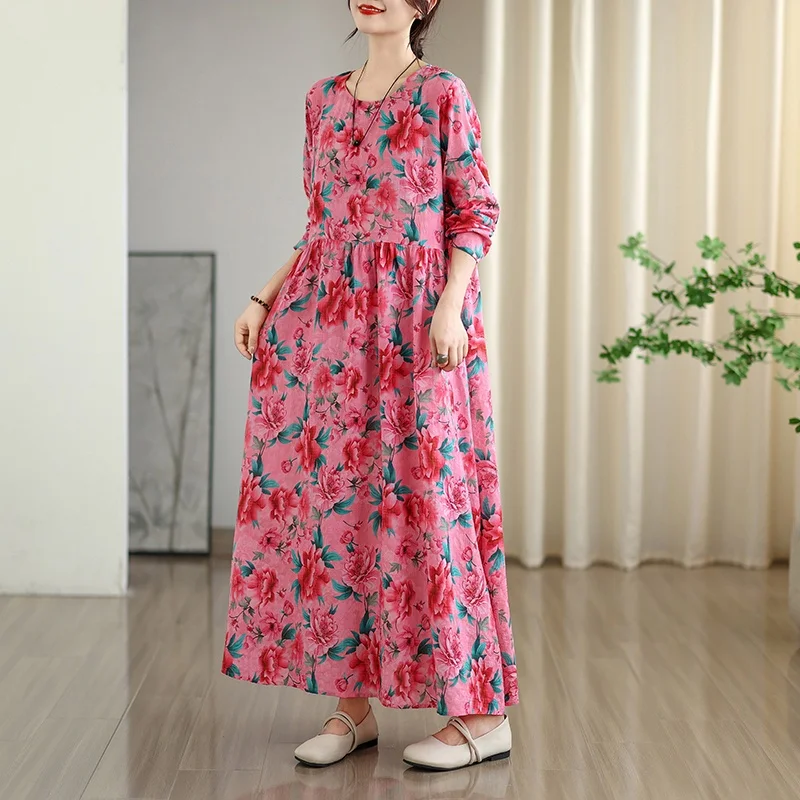 Frühherbst Blumendruck Vaion Sle Travel rund Ne Retro Lang Dr Baumwolle Leinen Material Roter langer Rock Lässig Süß...