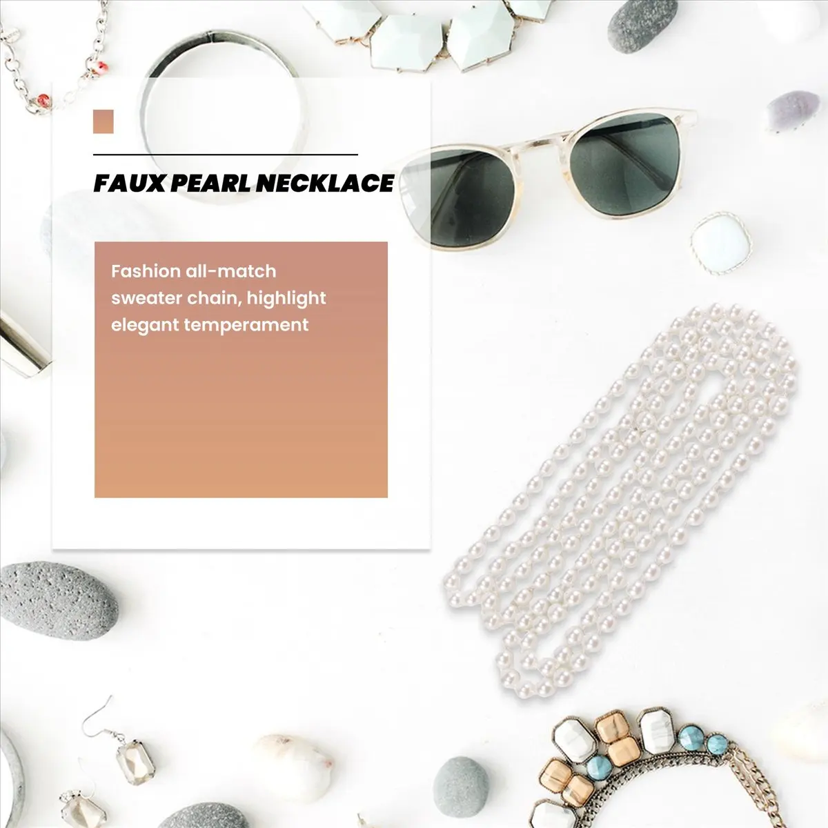 ABQR Faux Pearl Long Sweater Chain Necklace White