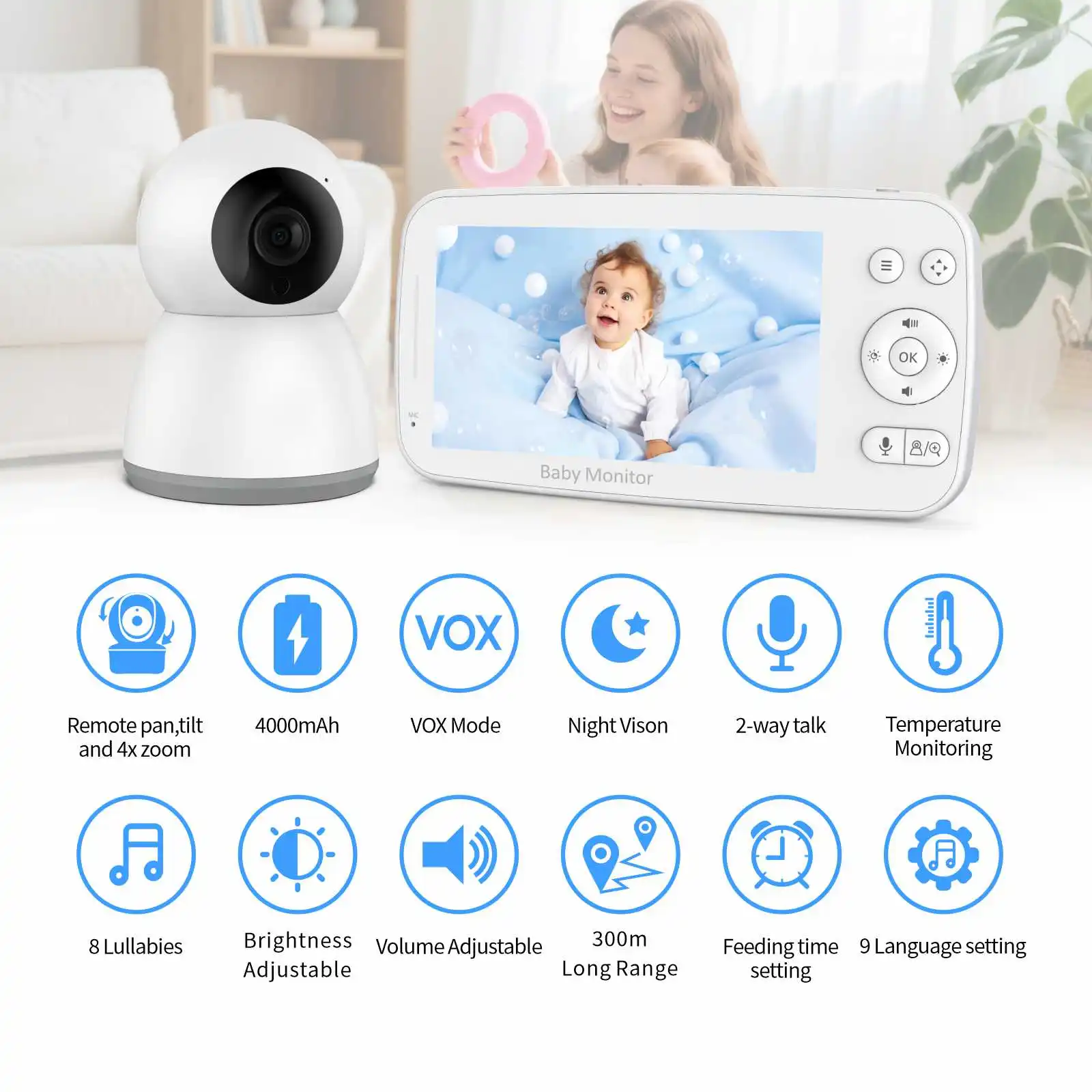 5-Inch 1080p HD Smart Baby Monitor-Wireless Two-Way Audio Night Vision Temperature Monitoring Feeding Reminder Waterproof