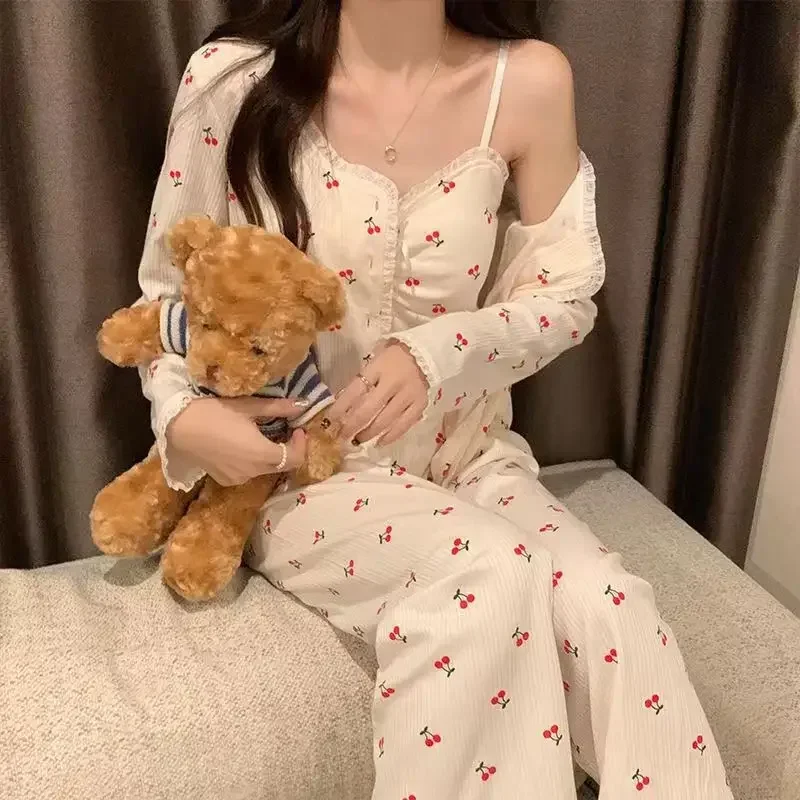 3PCS/Set Cotton Spring and Autumn with Chest Cushion Long Sleeved Pajamas Women Cherry Print on Camisole Girl Sleepwear Korean