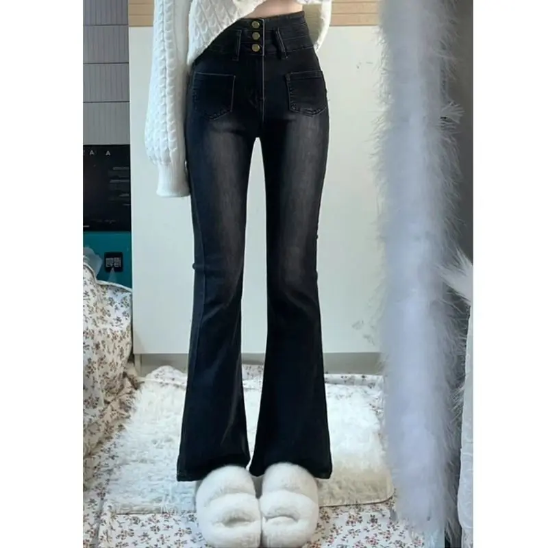 Hohe Taille, lockere Passform, Bootcut-Jeans, Damen-Doppelschnalle, neun Zähne, schlankmachende Hose mit weitem Bein, Retro-Stil, lässige Mode, TT1041