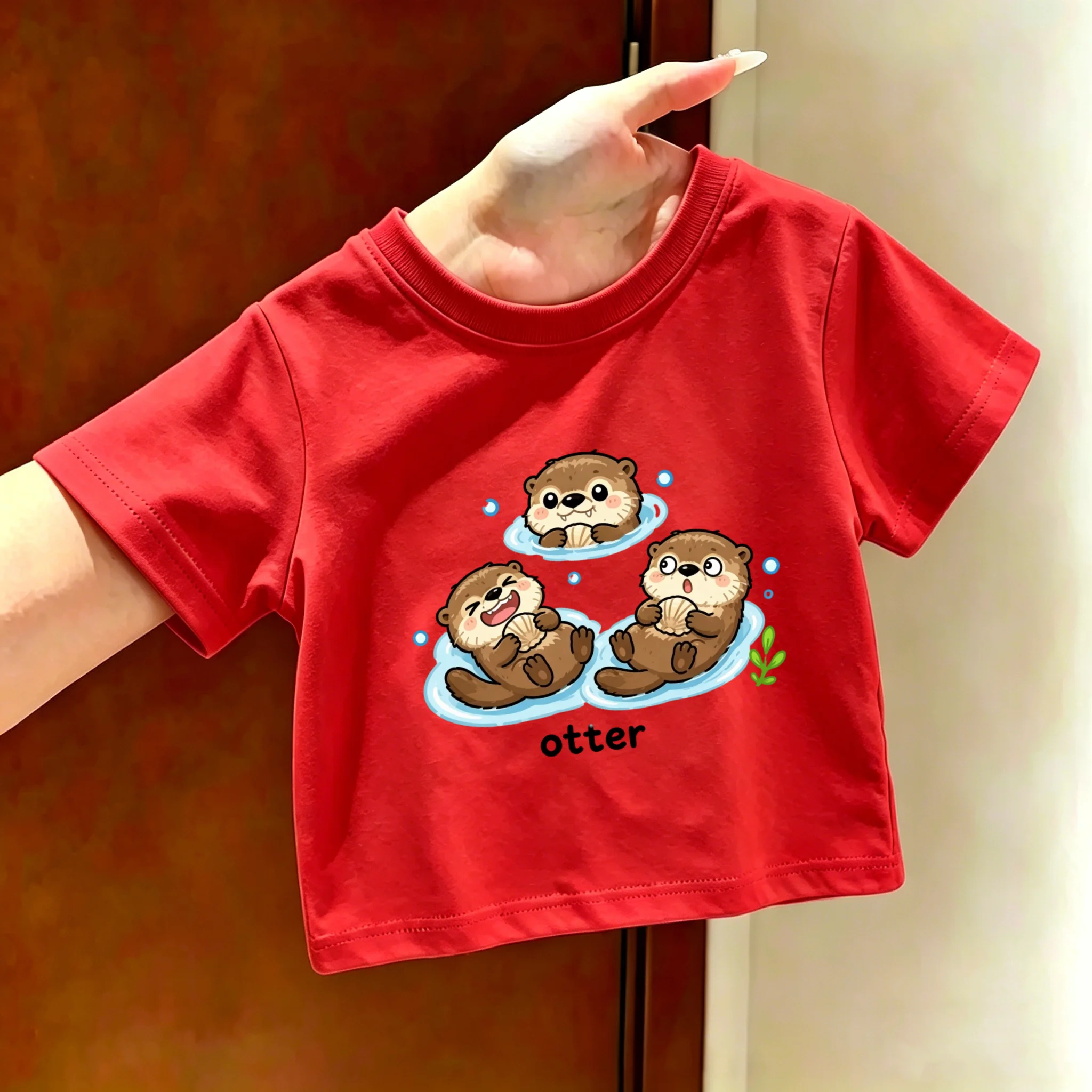 Otter Printed Summer Short Sleeved T-shirt, Summer Outfit, Smiling Face, Handsome Children's Bottom Shirt, Parent-child Outfit
