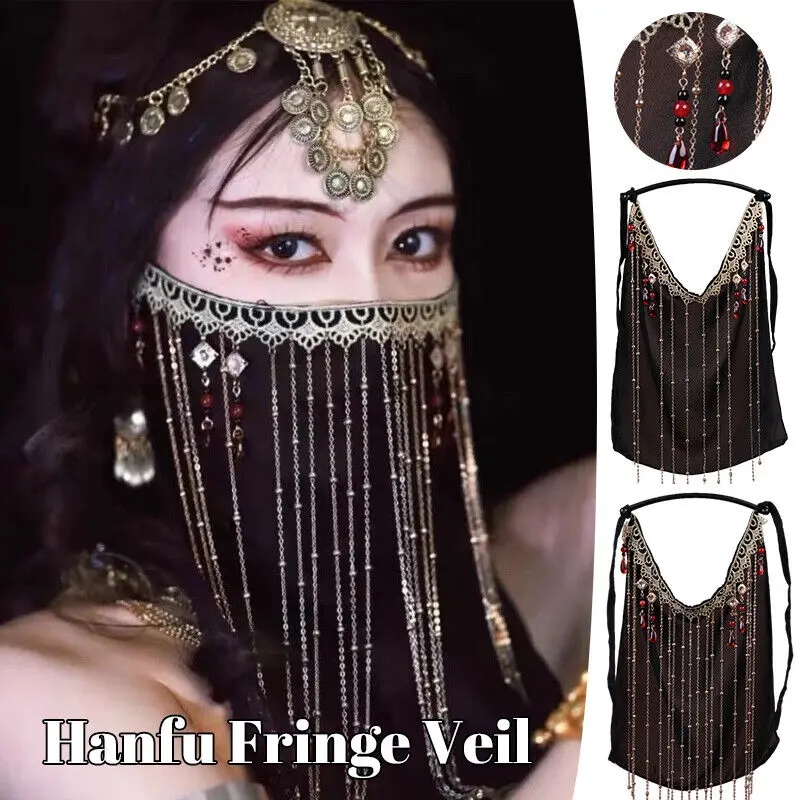 Hanfu Fringe Veil Chinese Style Face Ornament Face Curtain Jewelry India Costume Black Chiffon Sunscreen Covering New