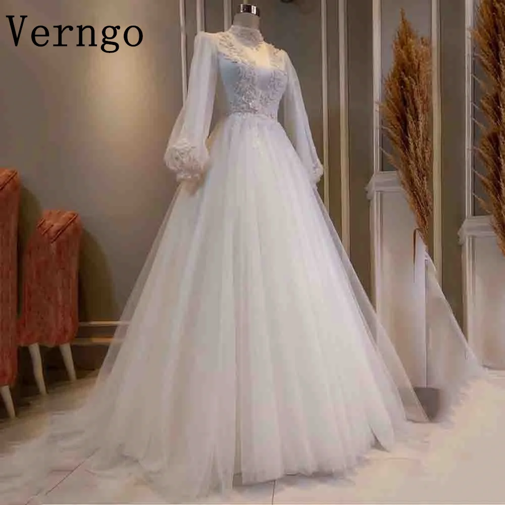 

Verngo Lvory Tulle Wedding Dress Elegant Appliques High Neck Bridal Gowns For Women Muslim Formal Ornate Bride Dress