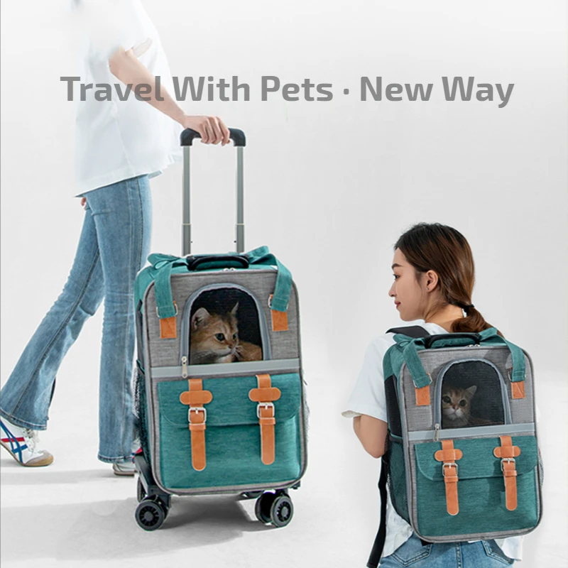 

Pet Outdoor Trolley Cat Backpack Breathable Large Capacity Contrast Color Canvas Multi-function Drawbar Box Handbag Cat Carrier