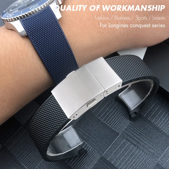Longines Conquest Rubber Watch Band 21mm 20mm 19mm Waterproof Black Folding Buckle
