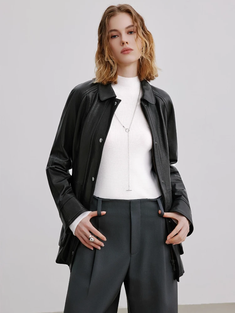 Chaquetas tipo Cargo Vintage ajustadas de cuero genuino para mujer primavera otoño 2025 abrigo de piel de oveja auténtica negro suave clásico Simple de gama alta