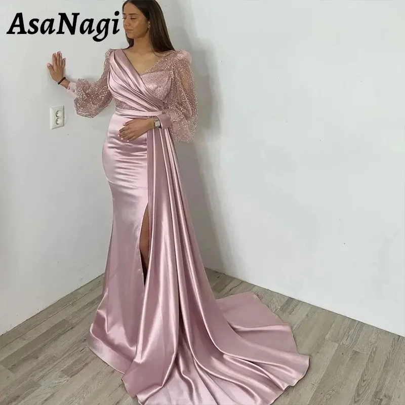 

AsaNagi Sexy Mermaid Prom Dress Women's Sparkling V Neck High Slit Party Evening Gown Sequin Floor Length Special Occasion Gowns