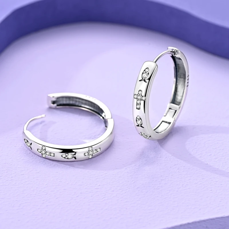925 Sterling Silver Hoop Earrings Retro Vine Hollow Out Jesus Fish Pattern Cross Pendientes For Woman Fashion Jewelry