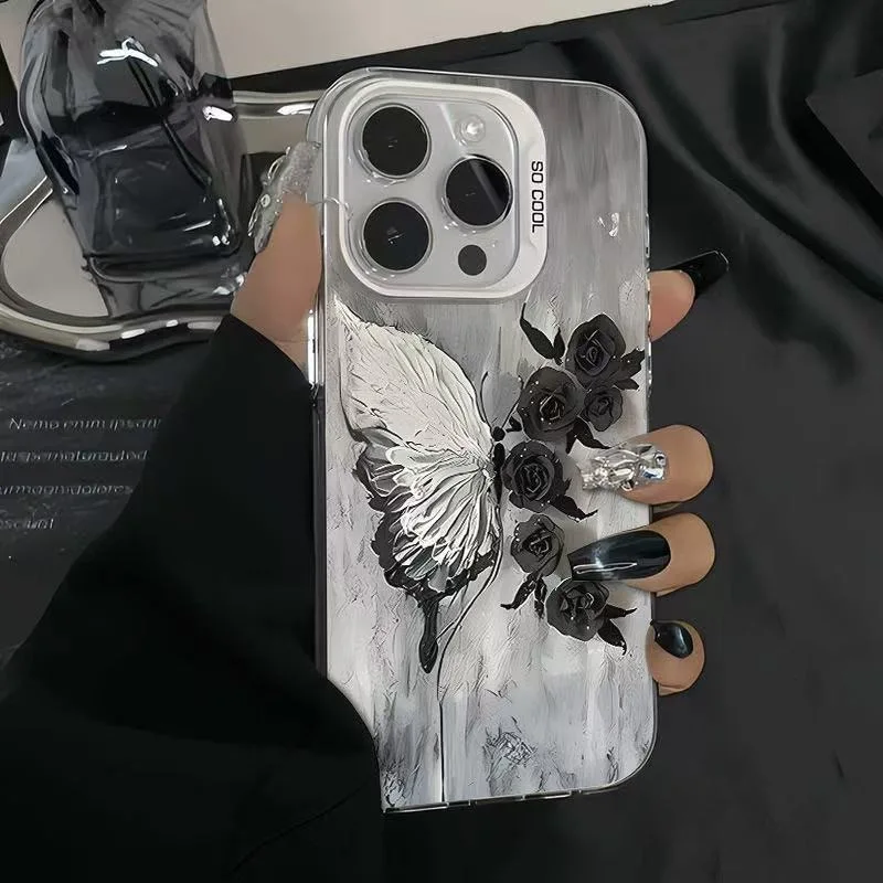 

Rose flower butterfly phone case for iphone 17 pro max 16 15 plus 14 13 11 camera protect shockproof silicon cover for iphone 12
