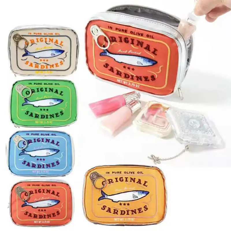 Bolsa de almacenamiento estilo sardinas enlatadas, cremallera de moda, multifunción, suave para vacaciones, baño creativo, bolsa de cosméticos de viaje