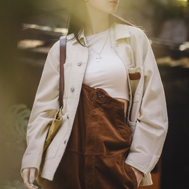 

Maden Women's 13.5OZ Cotton Seed Shell Denim Jacket 4-pockets Design Vintage Chore Jackets Outdoor Streetwear White Denim Coat