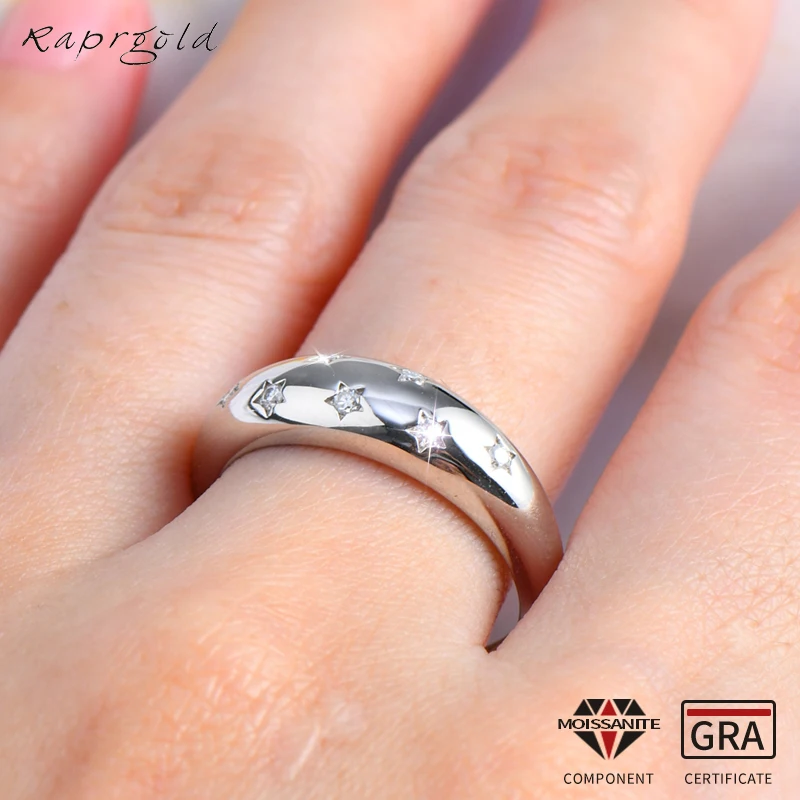 RAPRGOLD okrągły Moissanite 7 kamień Casual pierścionek z gwiazdą klasyczny 925 srebro kobiety mężczyźni modne pierścionki biżuteria na prezent