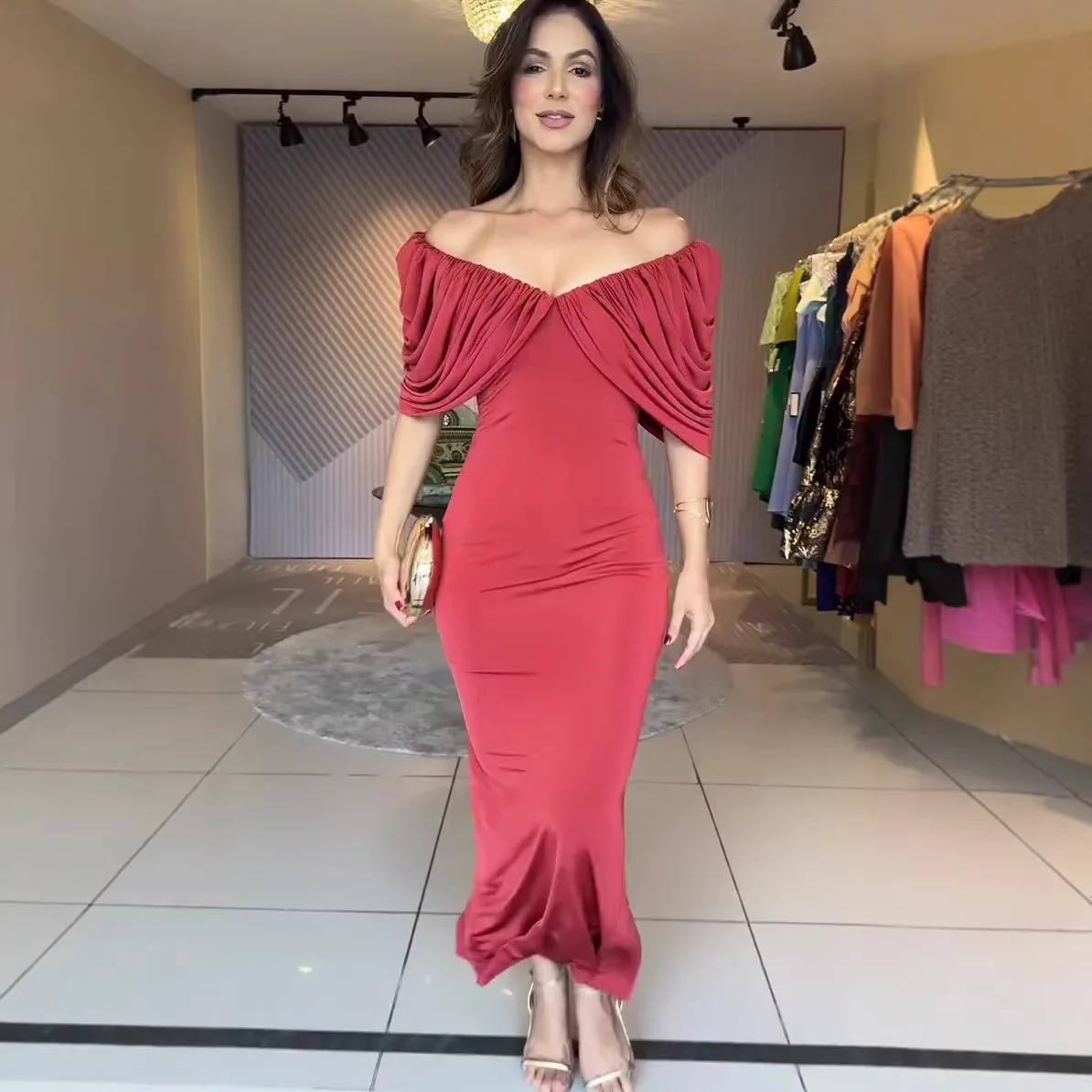 2026 Sommer Neues Elegantes Einfarbiges Kurzarm Off-Shoulder Figurbetontes Maxikleid Damen Abendkleid