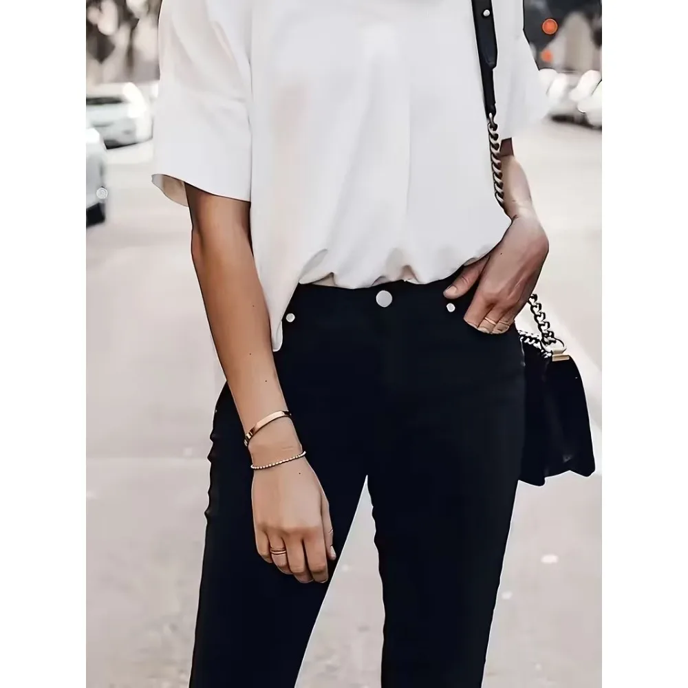 Women Black Mid Rise Stretch Denim Capri Pants Slim Fit Skinny Cropped Jeans Versatile Casual Trousers