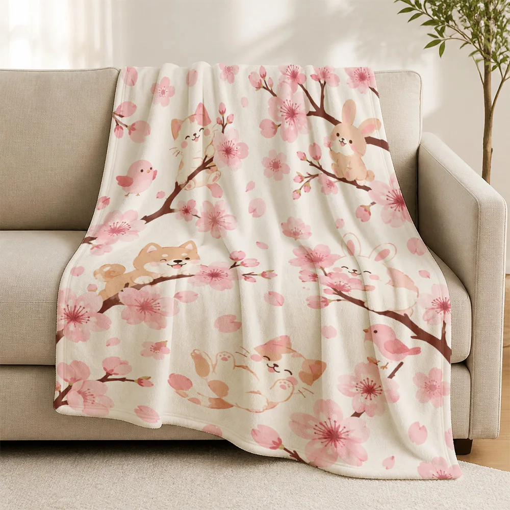 Cute Kawaii Cherry Blossom Print Throw Blanket for Sofa Couch Plush Anime Floral Pet Decor Gift Keepsake Winter Summer