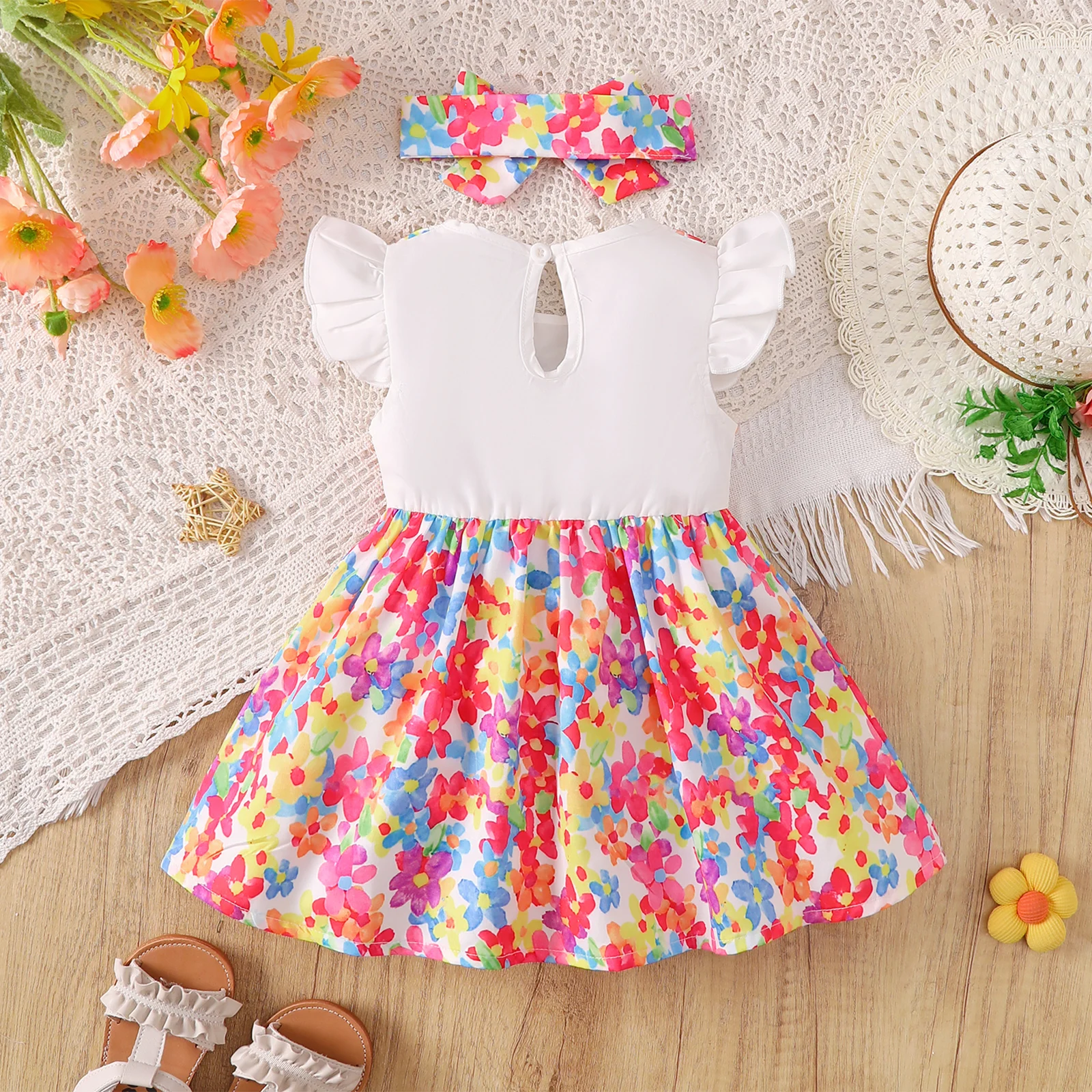 0-3 Year Baby Girl Dress Round Neck Colorful Floral Bow Dress+Headband Set Summer Cute Baby Girl Casual Dress Baby Clothing