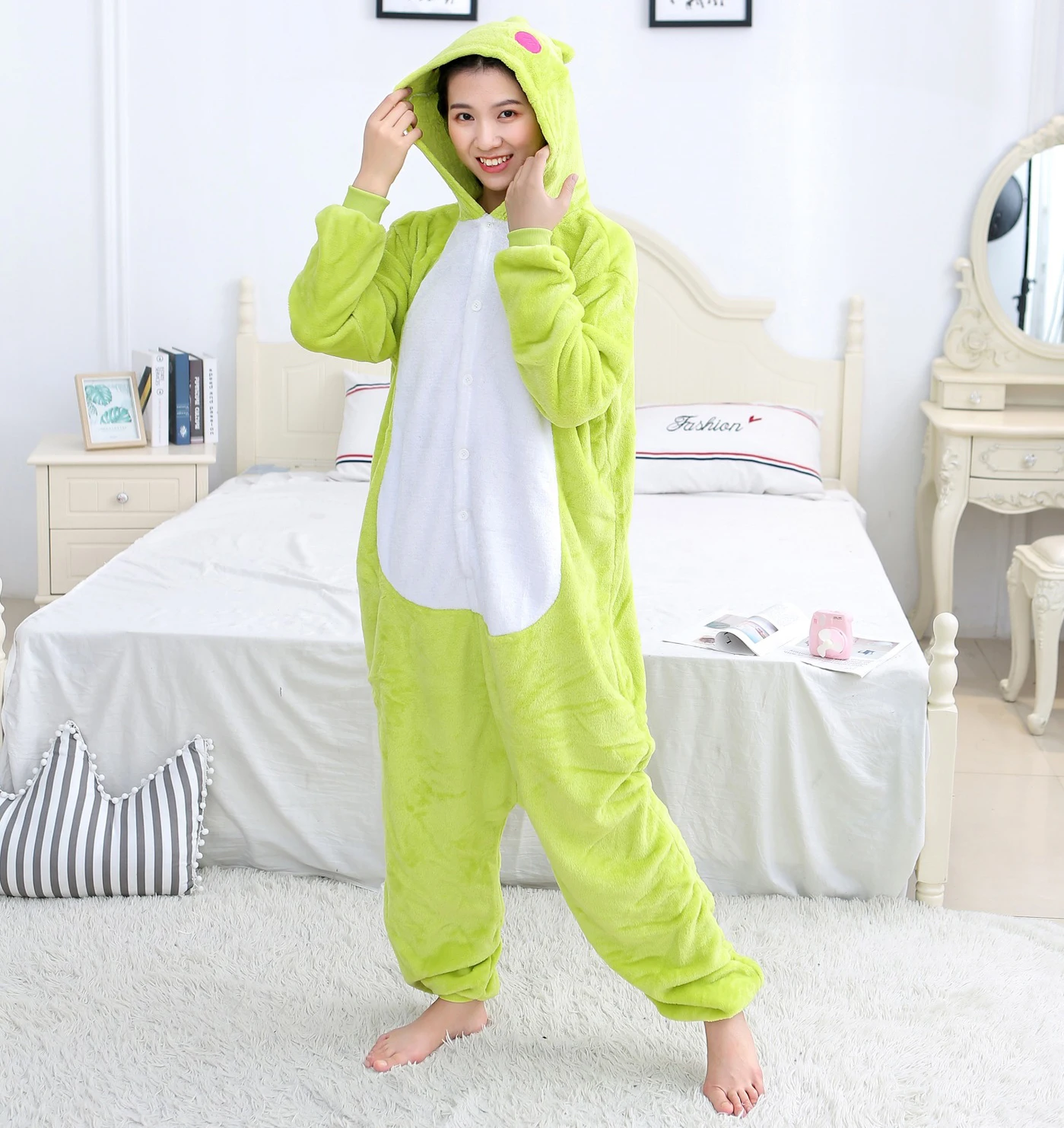 Animal Cosplay Costume Fluorescent Green Frog Adult Pajamas Winter Warm Sleepwear Halloween Cosplay Homewear Plush Anime Costume