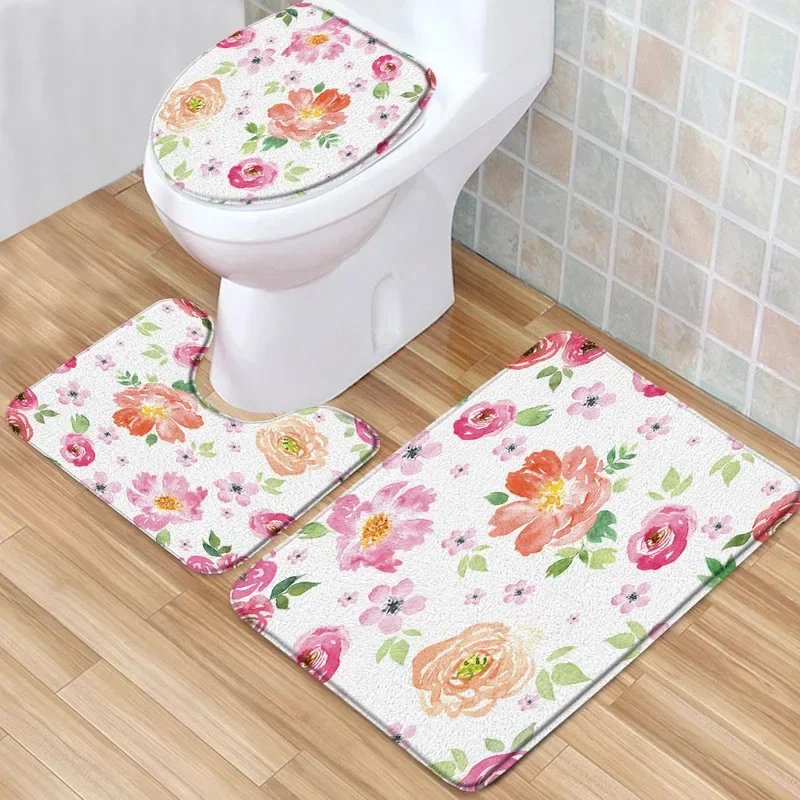 Live Laugh Love Beautiful Flowers Wood Background Bath Rug 3 Piece Bathroom Rugs Set U-Shape Toilet Mat Doormat Lid Cover