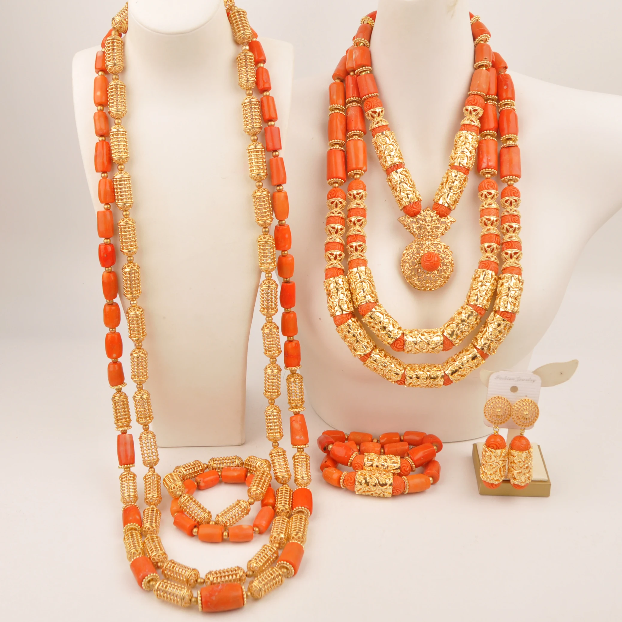 

Fashion african wedding couple jewelry Orange nigerian coral beads necklace sets