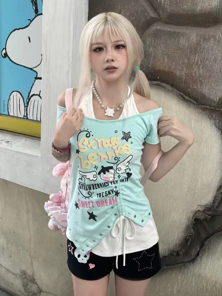 Summer Subculture Vintage Kawaii Dopamine Print T-Shirt Women Grunge Irregular Hem Cute Fake Two Piece Off Shoulder Crop Tops