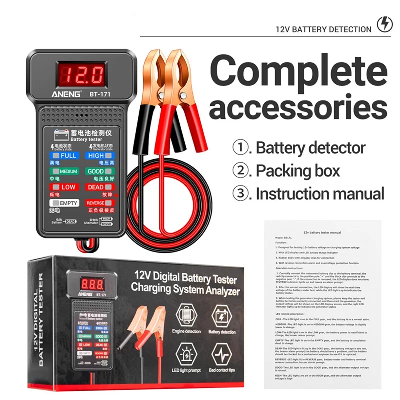 Herramientas de diagnóstico automotriz, probador de batería, BT-171, Analizador de batería de 12V
