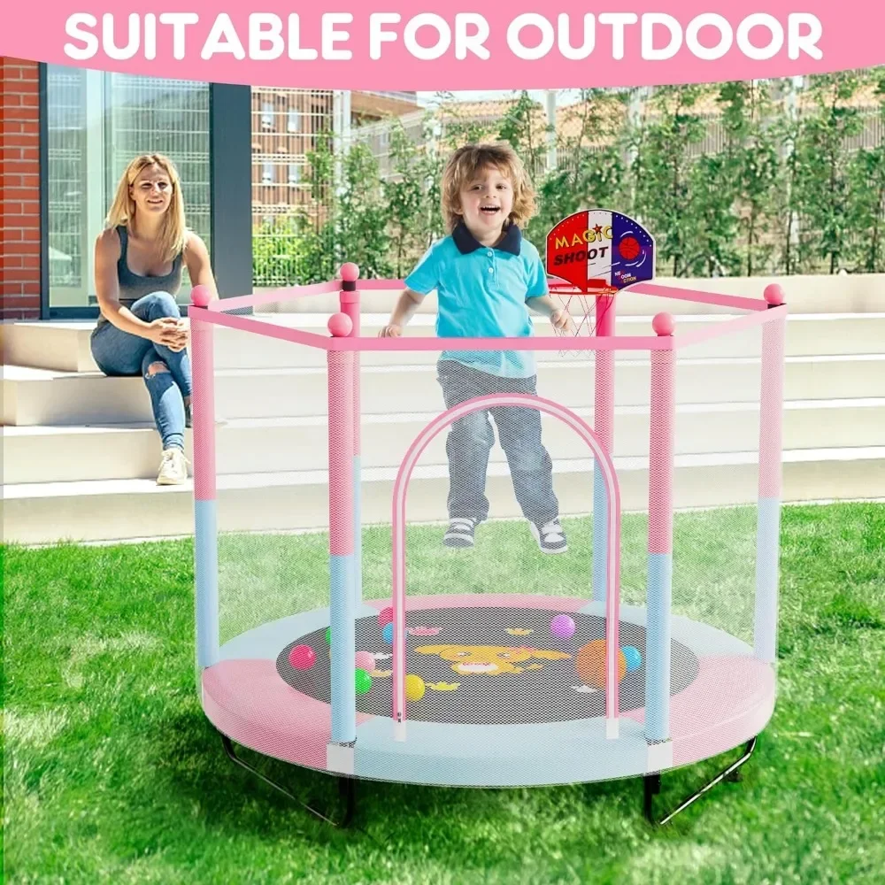 Trampoline for Kids, 5 FT Indoor & Outdoor Small Toddler Trampoline with Basketball Hoop, Safety Enclosure, Baby Trampoline
