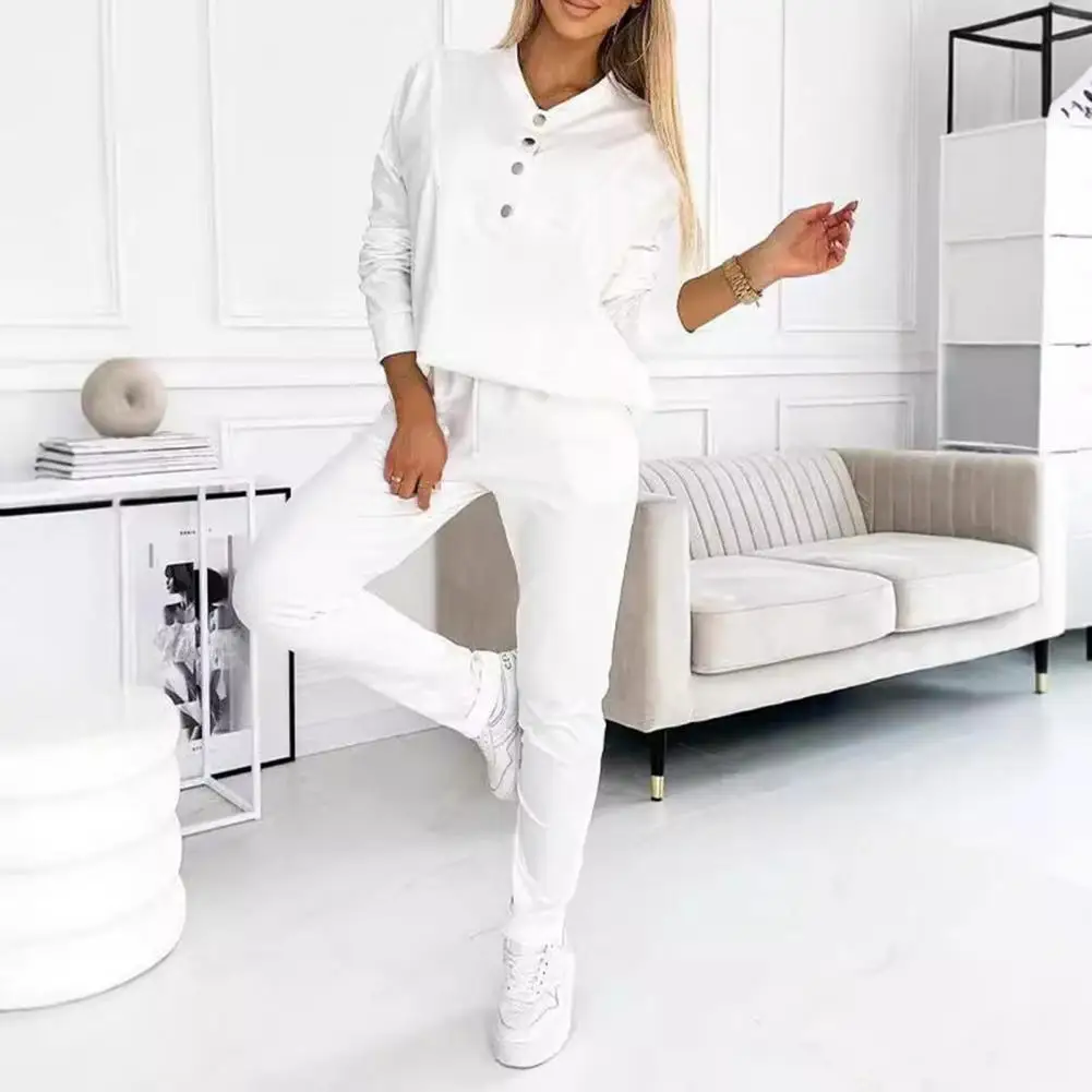 

Casual Sports Suit Women's V Neck Sweatshirt Elastic Waist Trousers Set with Button Decor Solid Color Tracksuit for Daily Wear