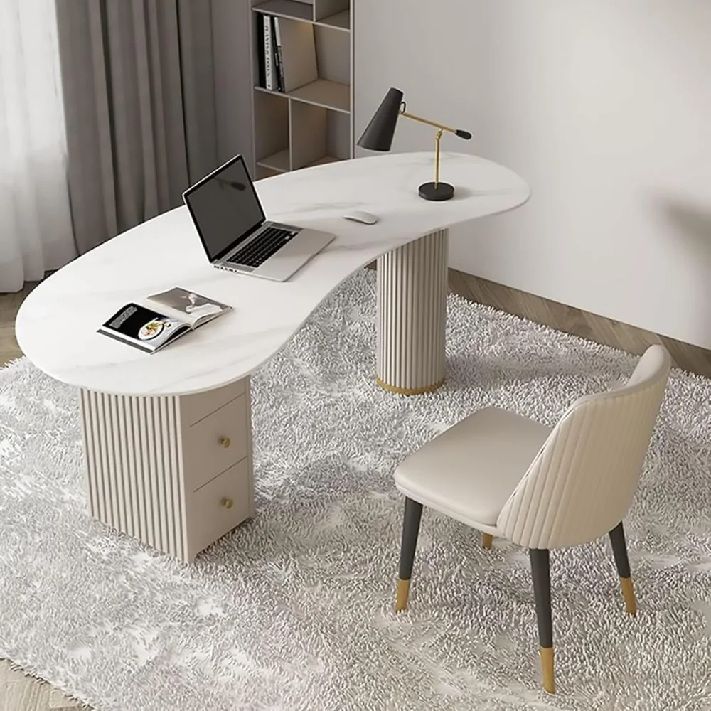 

Modern Office Desk with Drawers, Irregular Shape Glam Desk