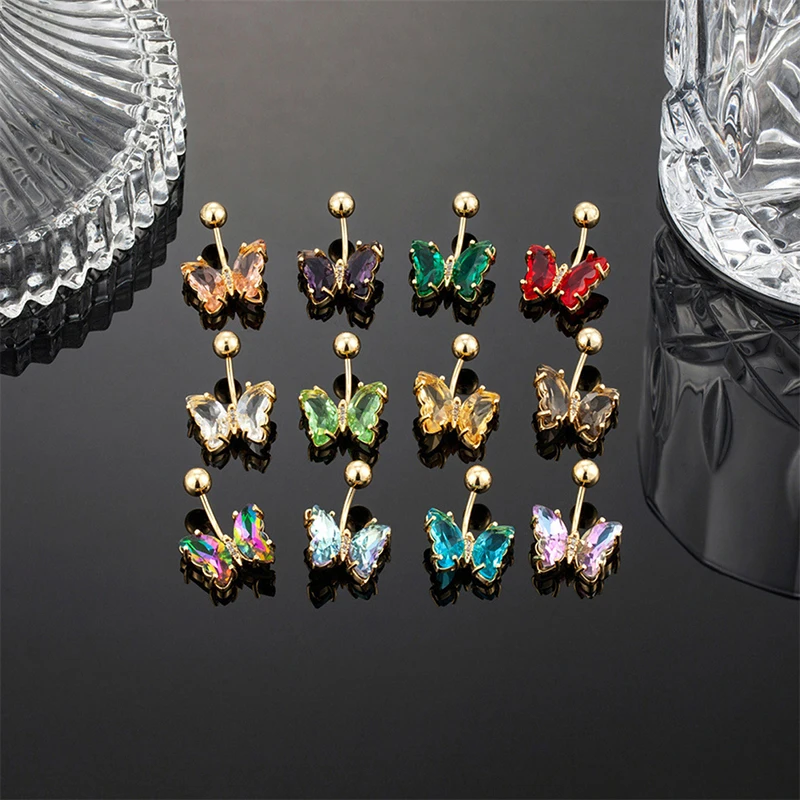 Colorful Crystal Butterfly Navel Ring Surgical Steel Belly Button Piercing Rings Woman Fashion Body Jewelry