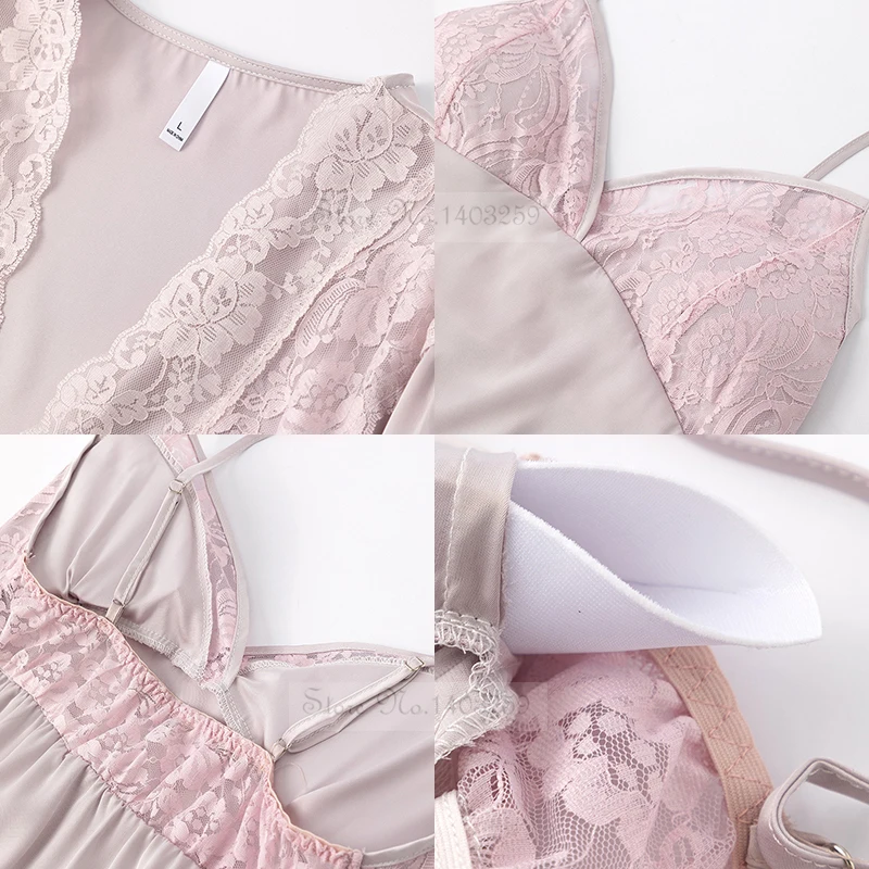 Lace Two Pieces Robe&Nightdress Set Summer Female Sleepwear Patchwork Nightgown Sexy Satin Kimono Bathrobe Loose Home Wear