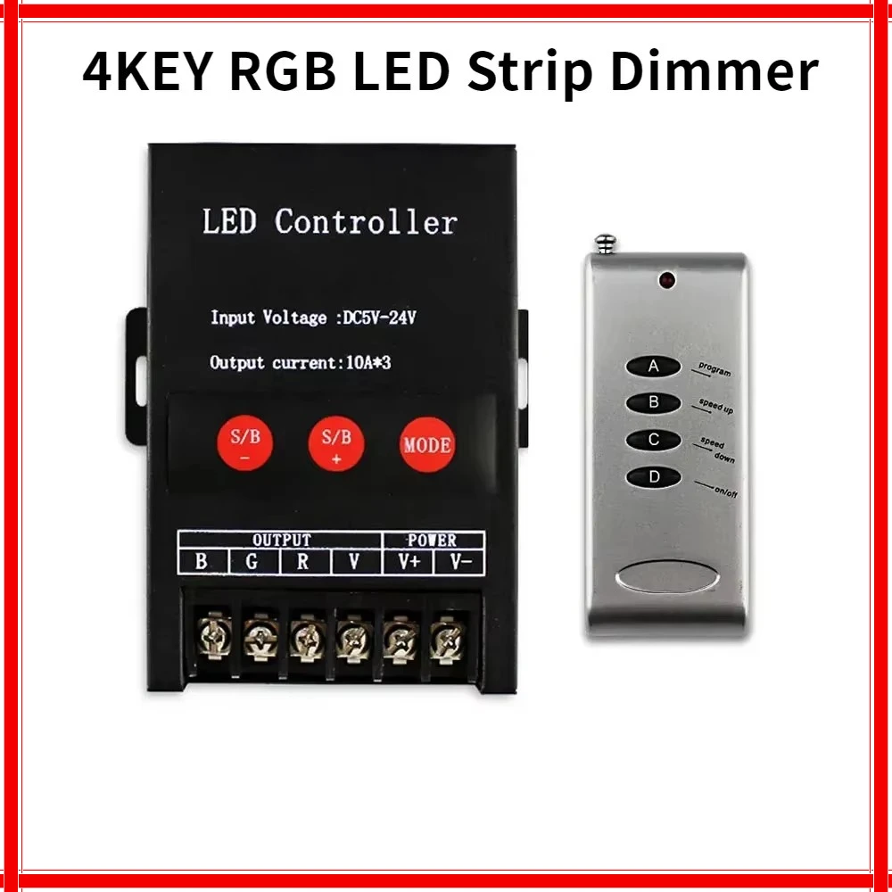 DC5V-24V 2.4G Wireless 4key RF Remote 30A RGB LED Strip Dimmer Controller Max360W For SMD 2835 3528 5050 LED Strips Light Tape