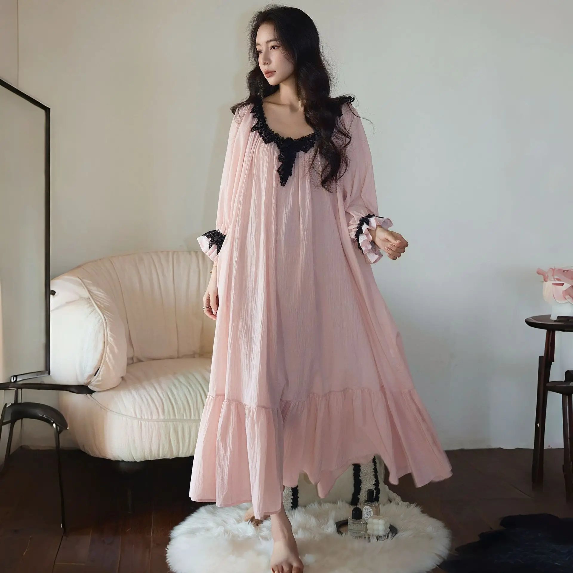 Korean version of fashion age-reducing nightgown women's spring new French lazy vacation style thin long-sleeved home skirt