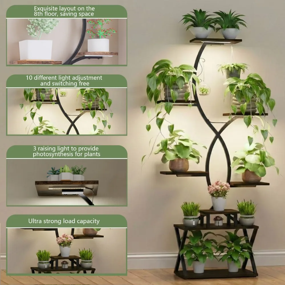 Soporte Metálico para Plantas en Forma de S de 8 Niveles con Luces de Cultivo, Estante para Plantas de Interior de 62 Pulgadas de Alto, Estante Resistente para Plantas que Ahorra Espacio para el Hogar