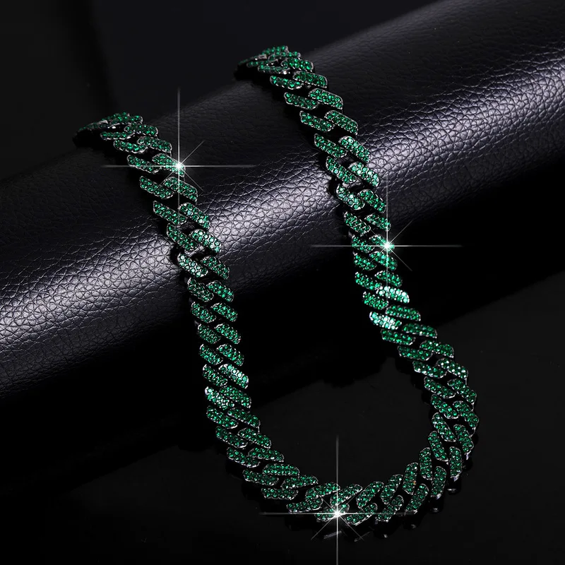 B&C Dark Green Paved Zircon Cuban Link Chain Mens Heavy Iced Out Nightclub Statement Jewelry