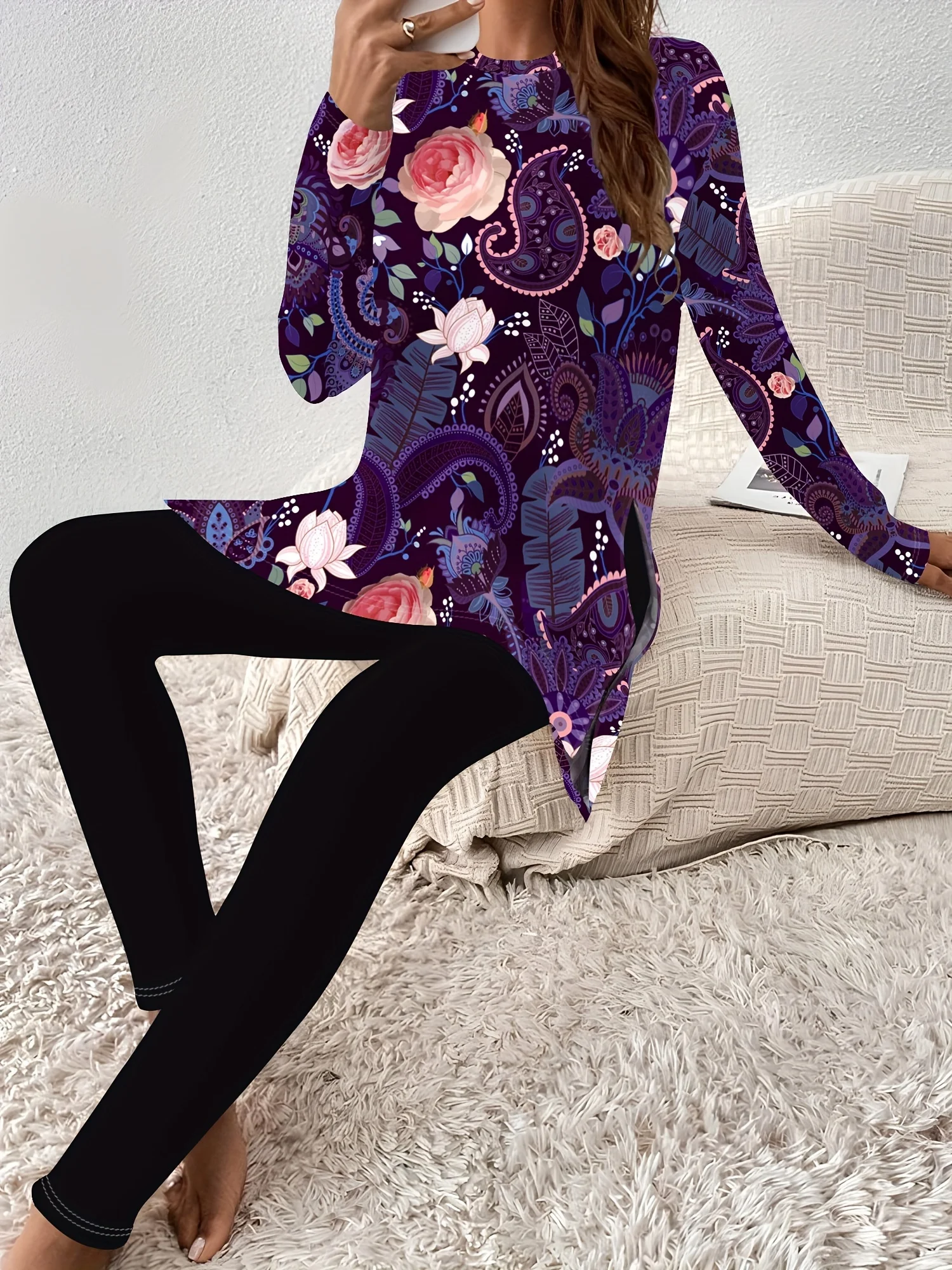 

Женский брючный костюм с принтом в стиле пэйсли, фиолетовый цветочный узор, весенне-осенний дизайн, для отпуска.