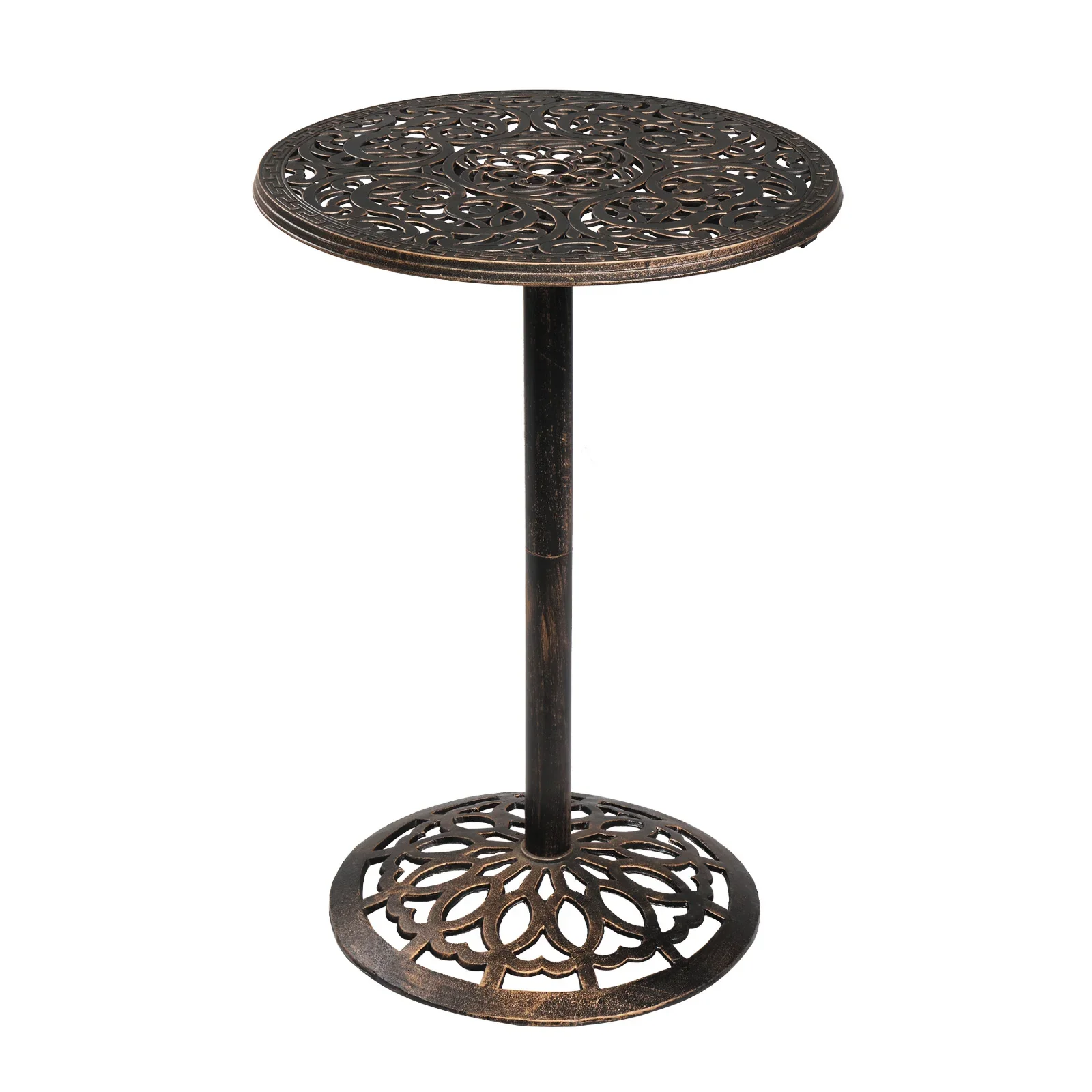 

Outdoor Bistro Pub Table, Round Patio Bar Height Cocktail Table, Antique Bronze