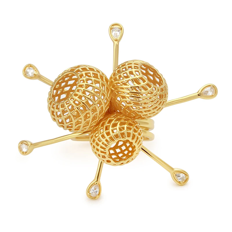 IVOG Unique Design Hollow Spherical Flower Rings Luxury Dubai Bridal Jewelry Narcissus Finger Ring Band for Women Wedding Party
