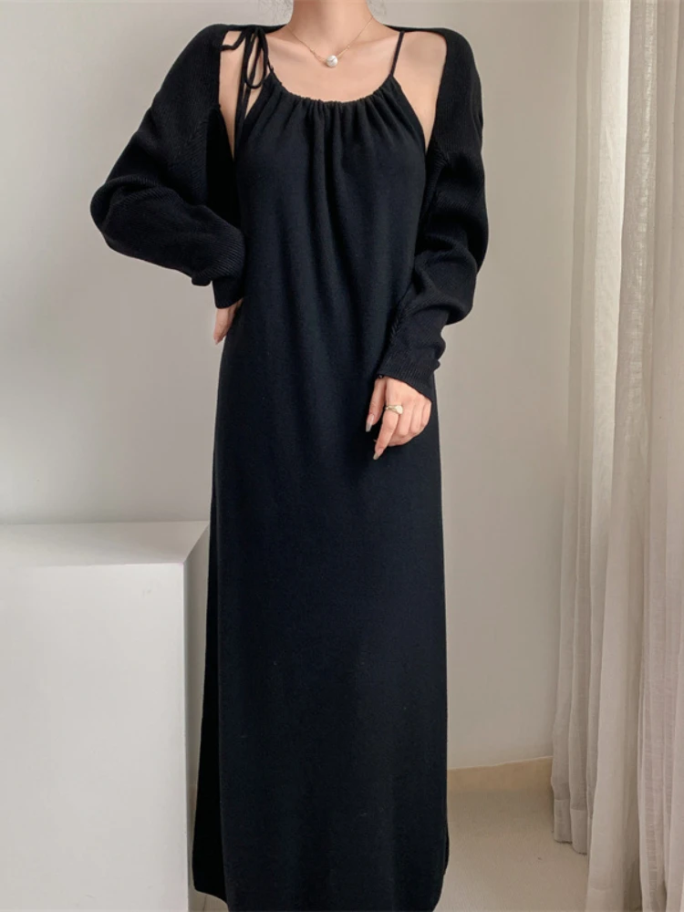 

Dress for Women Spring and Autumn Season Long Sleeve Temperament Shawl Fashion Hanging Neck Solid Color Long Dress Two Piece Set