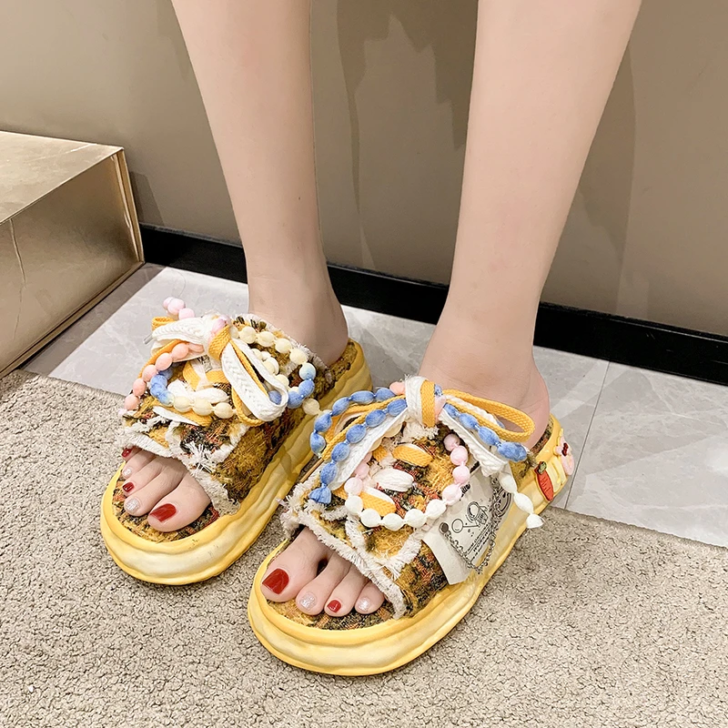 Summer Ladies Slippers Lace-up Canvas Women Shoes Graffiti Hip-Hop Sandals Sweat-absorbing Flat Shoes Purple Women Slippers