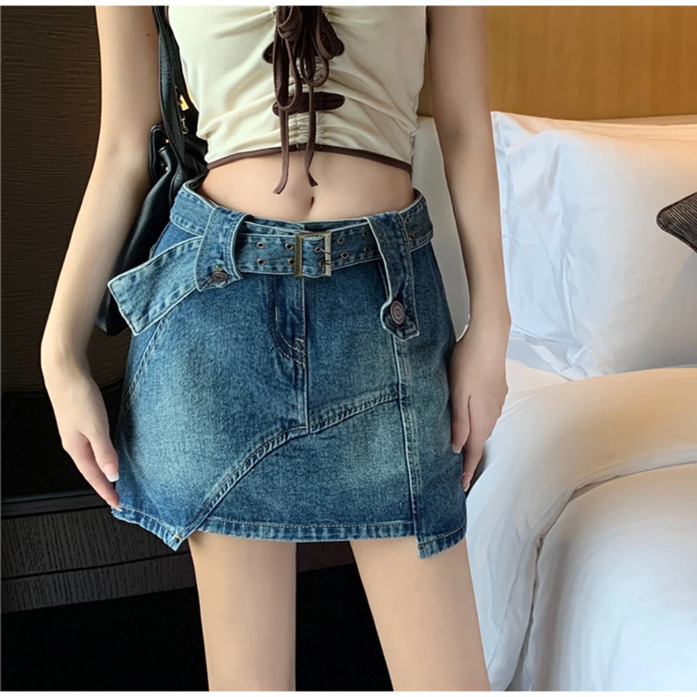 American Style Retro Wide Belt Irregular Hem Denim Skirt For Women Daily Versatile High Waist Slim A-line Bodycon Mini Skirt